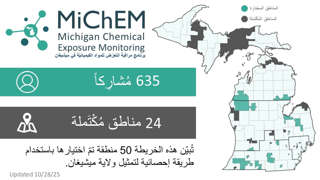 MiChEM project status infographic in Arabic. Click for accessible PDF version.