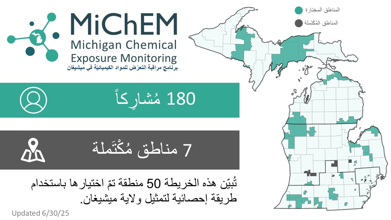 MiChEM project status infographic in Arabic. Click for accessible PDF version.