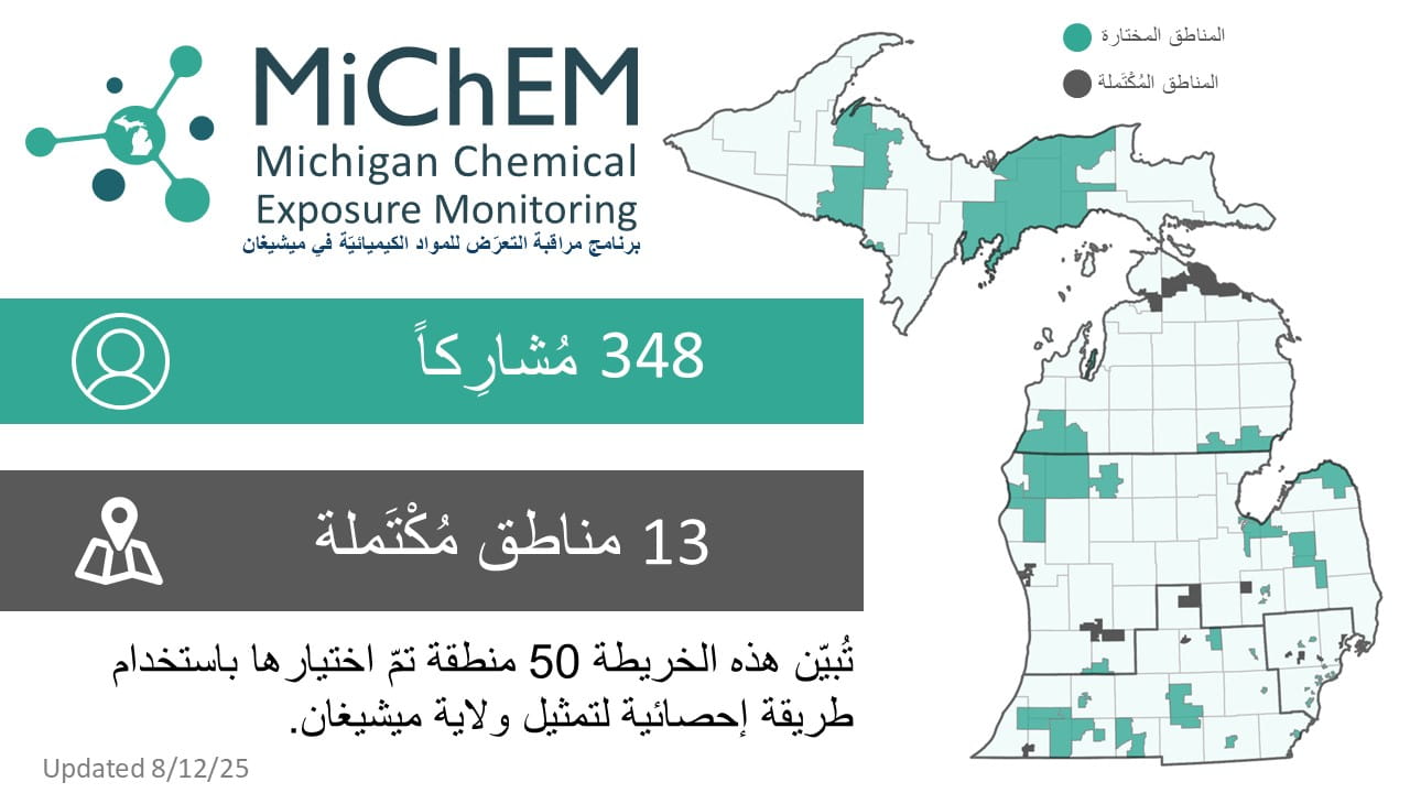 MiChEM project status infographic in Arabic. Click for accessible PDF version.