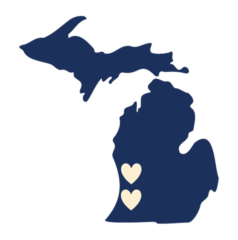 Silhouette of the state of Michigan with the locations of the Belmont/Rockford and Parchment/Cooper Township study areas marked with heart shapes.