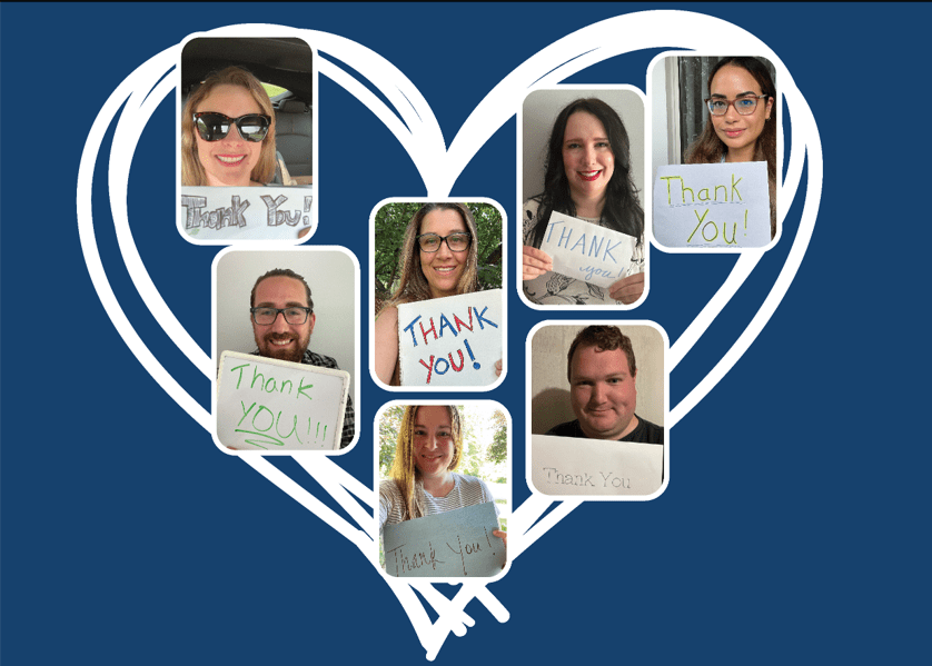 Photos of MiPEHS team members holding up signs saying Thank You. Photos are arranged inside of a heart shaped outline on a blue background.