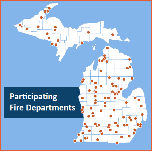 Map of the state of Michigan with locations of participating fire departments marked. The 64 fire departments are shown to be well distributed throughout the state.
