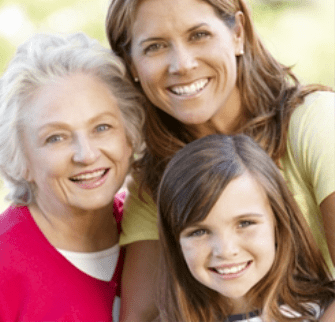 Mother, daughter, and grandmother smiling at camera