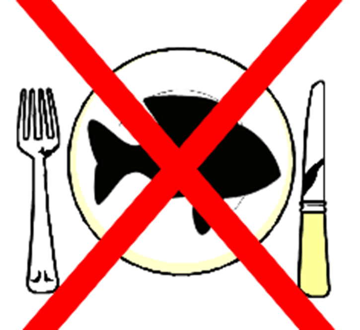 illustration of a fish on a plate with a knife and fork with a red X superimposed 