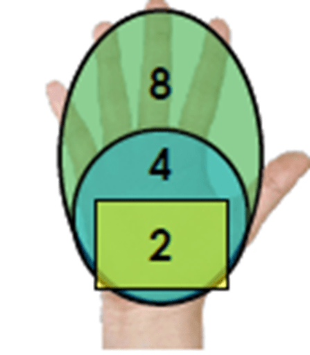Hand with superimposed shapes representing various serving sizes of fish. An 8 ounce serving is represented by an oval that covers the palm and outstretched fingers of the hand. A 4 ounce serving is represented by a circle that covers the palm of the hand. A 2 ounce serving is represented by a rectangle which covers half of the palm of the hand.
