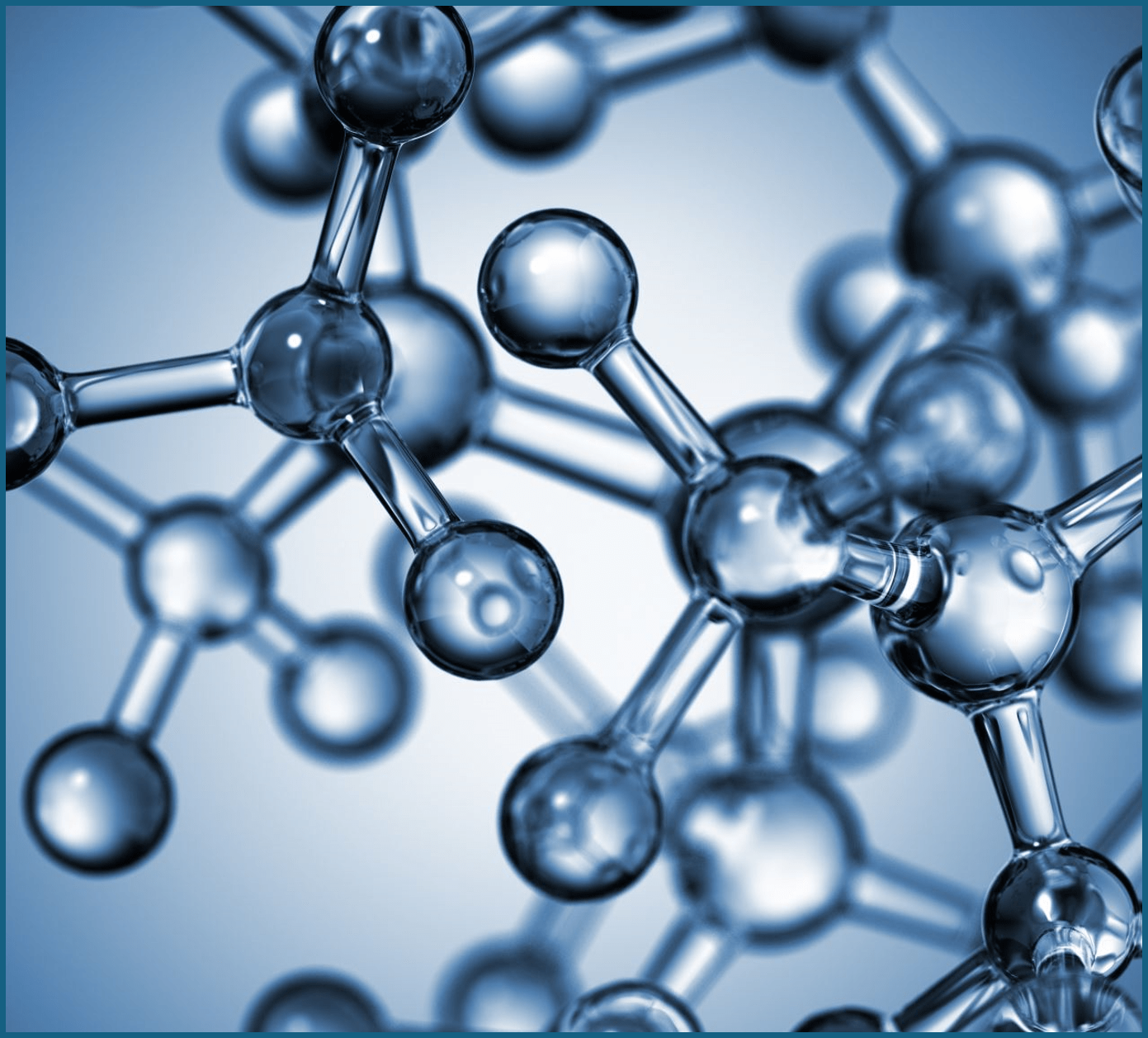 3D rendering of a molecular structure with reflective atoms connected by rods, illustrating chemical bonds.
