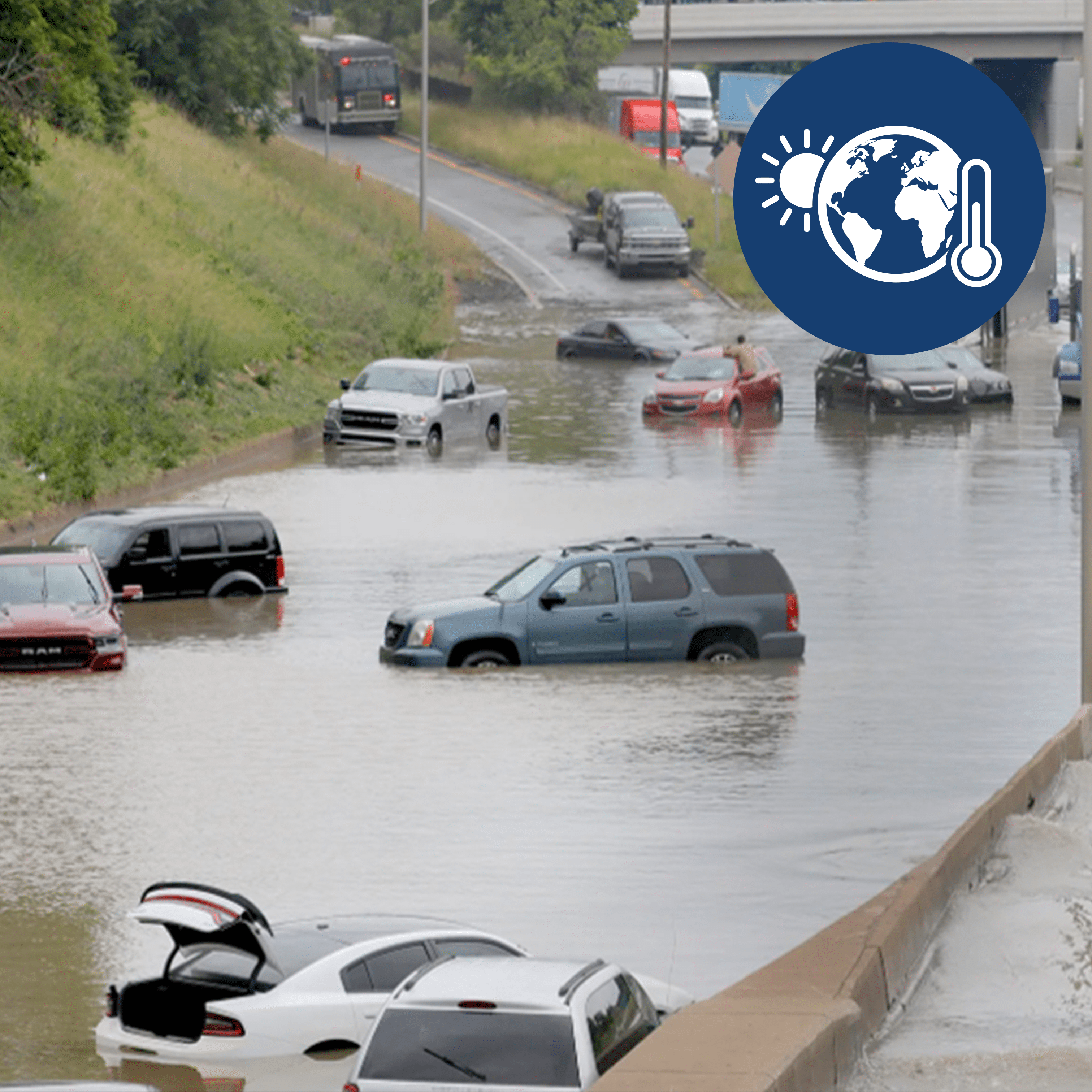 Flooded roadway with a climate change icon in the upper right corner of the image