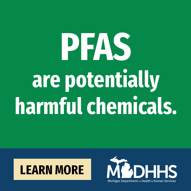 Animated with text reading "PFAS are potentially harmful chemicals. Reduce your PFAS exposure." There is also a button labeled "Learn more" and the MDHHS logo.