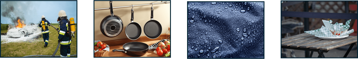 Firefighters using firefighting foam, nonstick food pans, a waterproof material, and food wrappers.