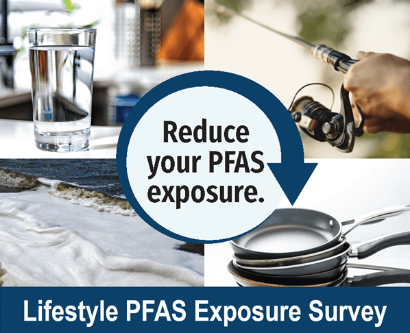 Photos of a glass of water, a fishing reel, foam on water, and nonstick pans. Text reads "Reduce your PFAS exposure. Lifestyle PFAS Exposure Survey"