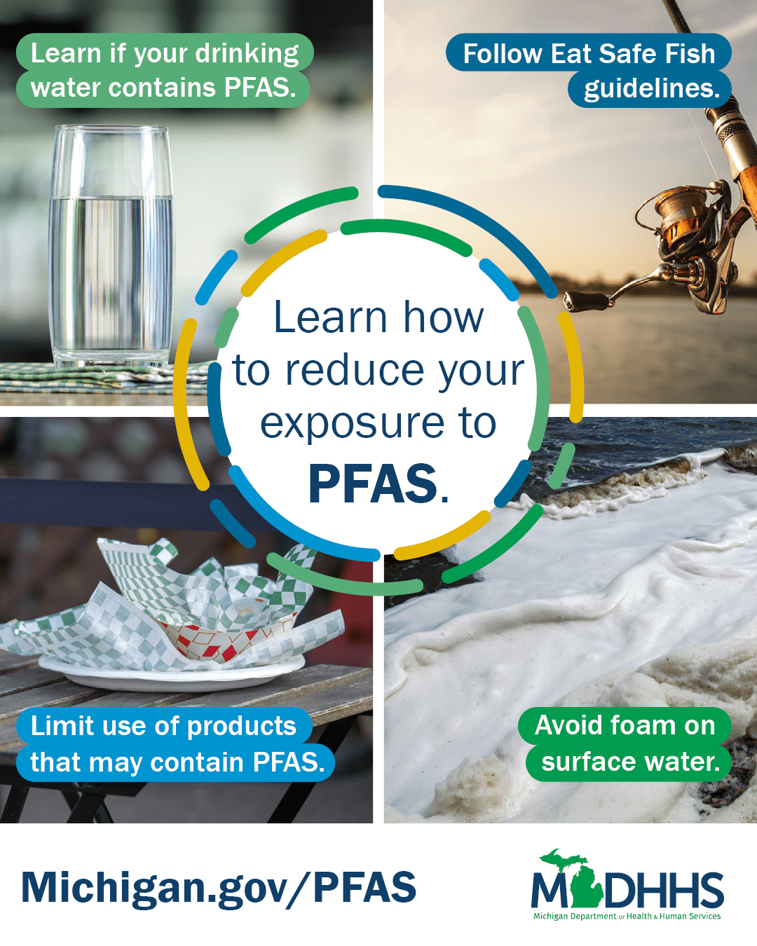 MDHHS social media graphic with four panels and text in the center reading 