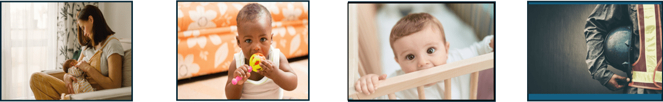 Nursing mother, baby with toy in its mouth, baby in crib, firefighter