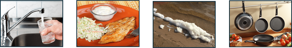 Glass being filled with water, plate of fish, foam on a beach, and nonstick cooking pans.