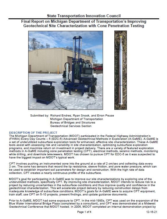 Final Report Cover - Michigan Department of Transportation’s Improving Geotechnical Site Characterization with Cone Penetration Testing