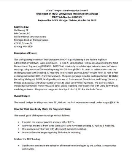 Cover page of hydraulic peer exchange final report 