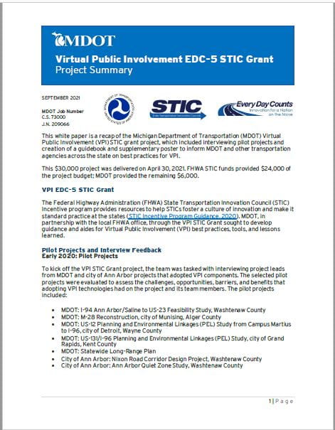 Virtual Public Involvement EDC-5 STIC Grant Project Summary Cover
