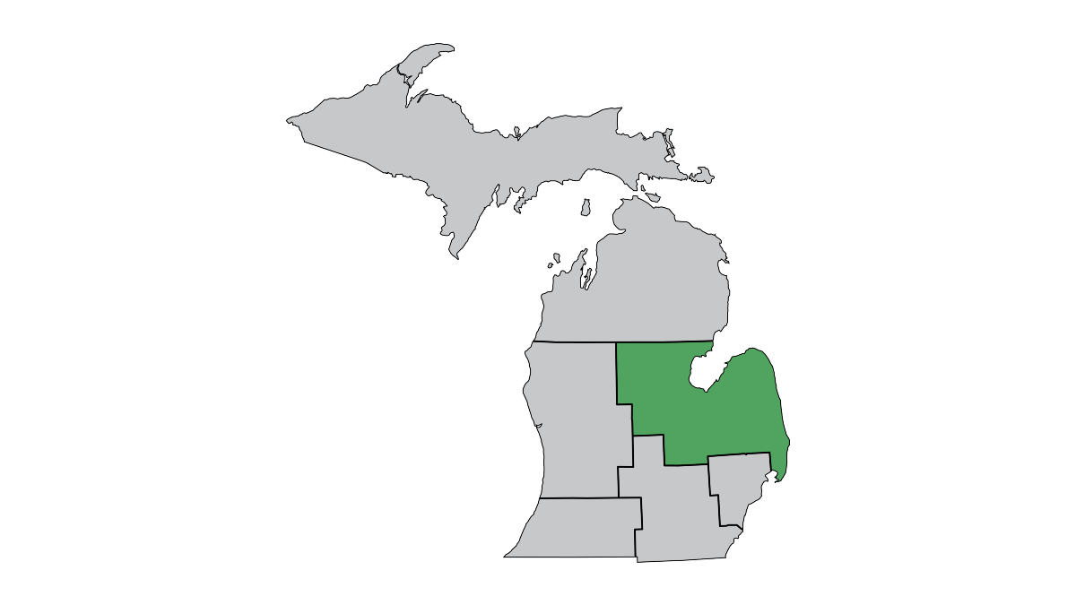 A map of MDOT's seven regions with Bay Region highlighted in blue.