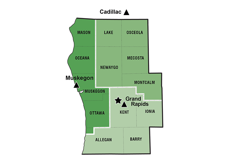 Grand Region breakout map with labels for the counties, TSCs and region office.