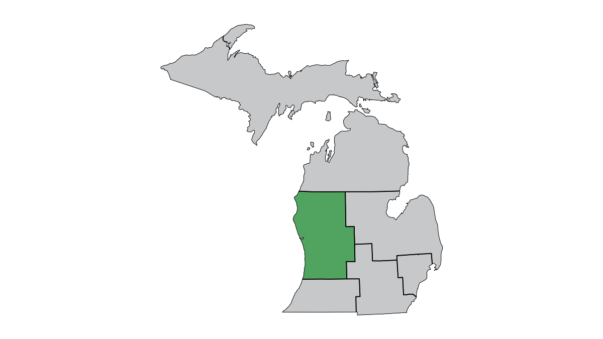 A map of MDOT's seven regions with Grand Region highlighted in blue.