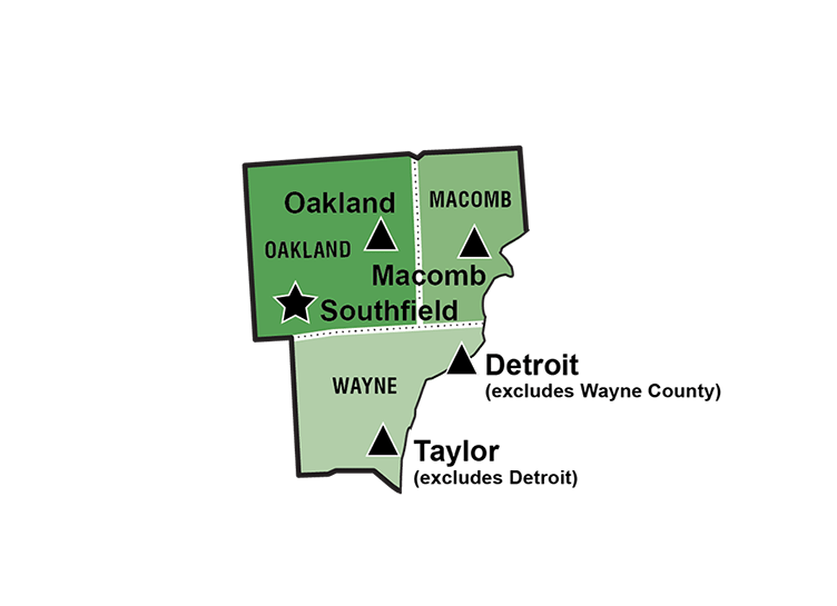 Metro Region breakout map with labels for the counties, TSCs and region office.