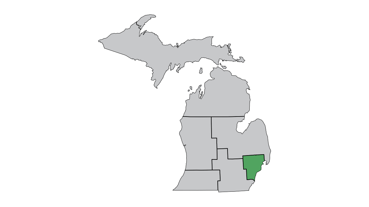 A map of MDOT's seven regions with Metro Region highlighted in green.