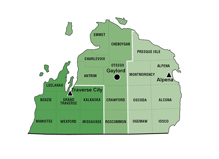 North Region breakout map with labels for the counties, TSCs and region office.