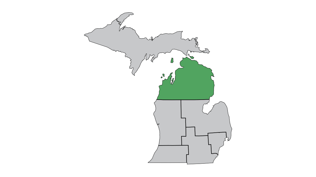 A map of MDOT's seven regions with North Region highlighted in blue.