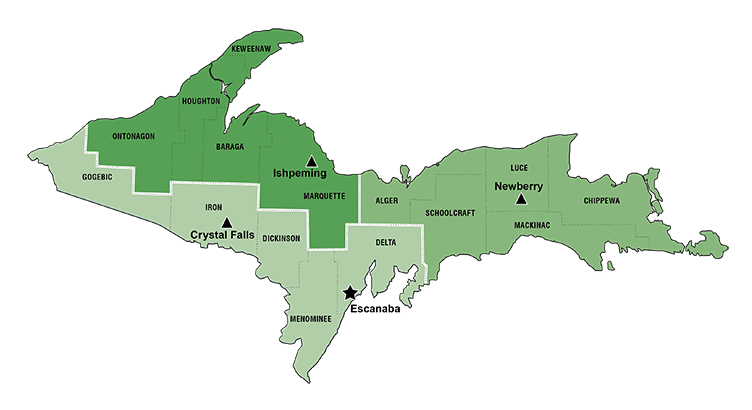 Superior Region breakout map with labels for the counties, TSCs and region office.