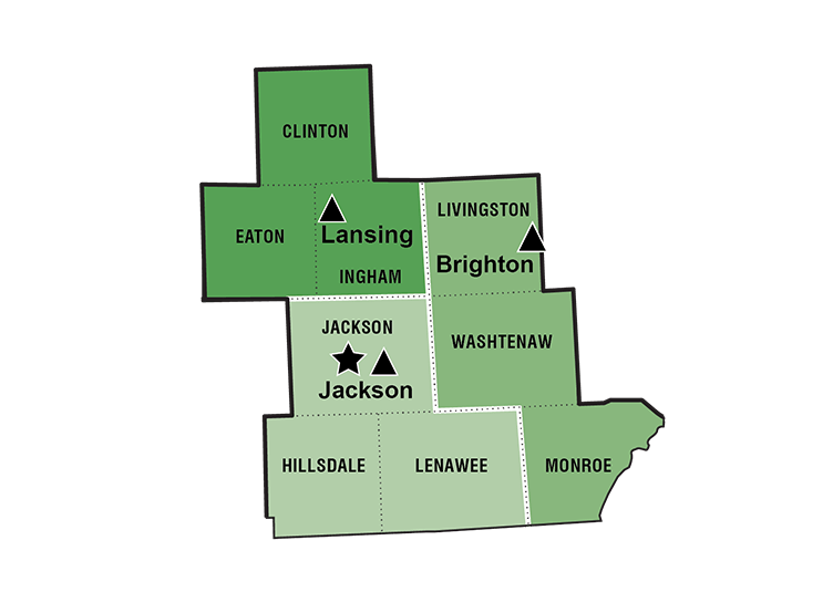 University Region breakout map with labels for the counties, TSCs and region office.