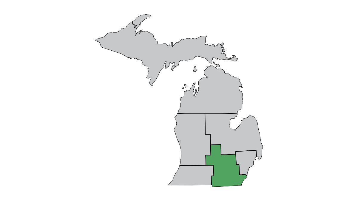 A map of MDOT's seven regions with University Region highlighted in blue.