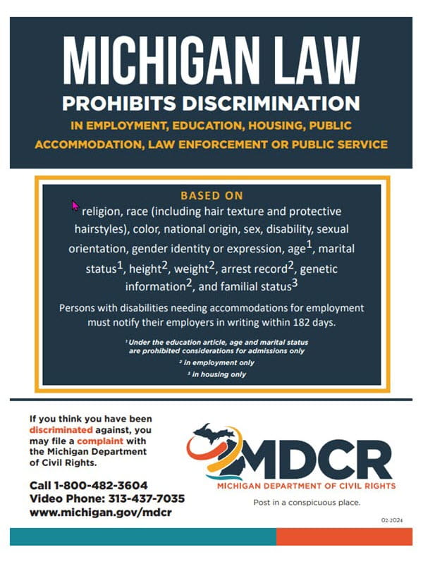 A thumbnail of the Michigan Department of Civil Rights Prohibits Discrimination poster.