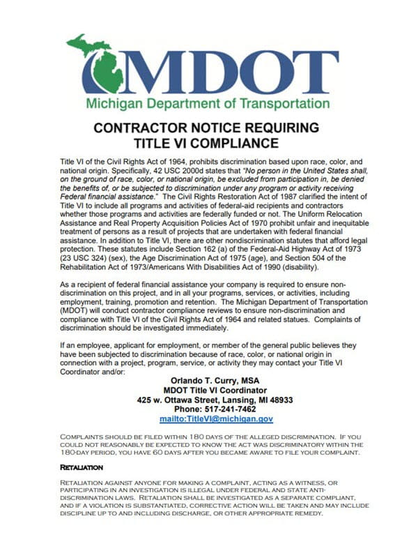 A thumbnail of the Michigan Department of Transportation Contractor and Title VI Compliance poster.