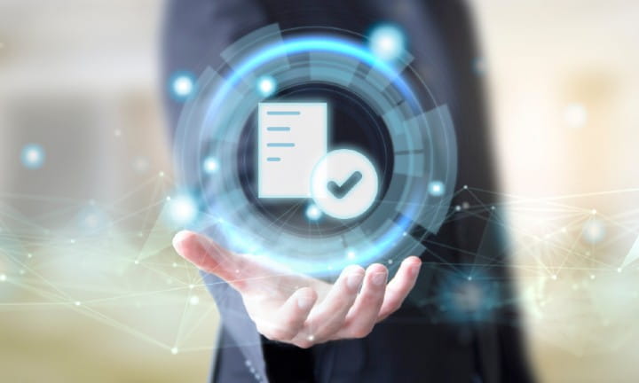 A person with their outstretched holding a digital document with digital pinpoints in the background.
