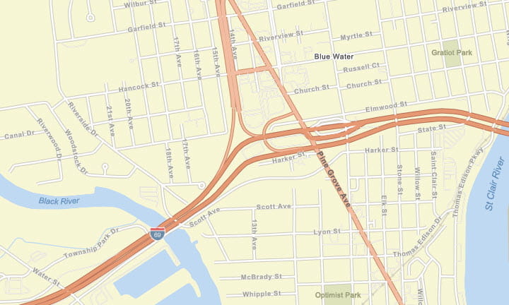Map showing the boundaries of the the Blue Water Bridge Plaza reconstruction along I-6/I-94 in Port Huron.