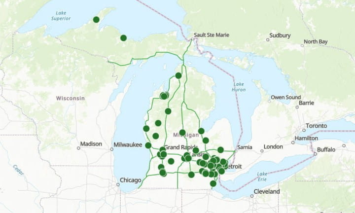 The Michigan Electric Vehicle Charger Reliability and Accessibility Accelerator (EVC-RAA) Planning Map.