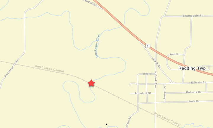 A map showing the location of the total structure replacement for railroad bridge (B02-18201.10) located along the state-owned, GLC-operated, rail over the Muskegon River.