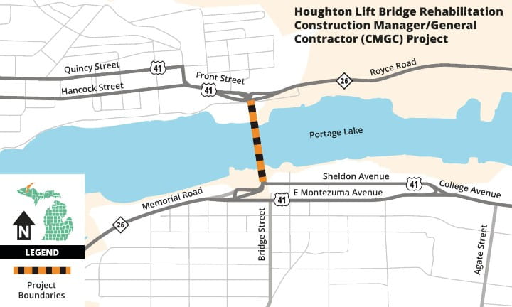 A map of US-41 the Houghton Lift Bridge showing the project boundaries. 