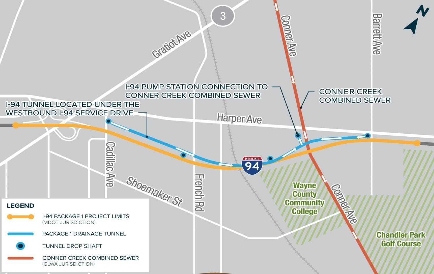 A map of I-94 showing the project limits and different routes. 