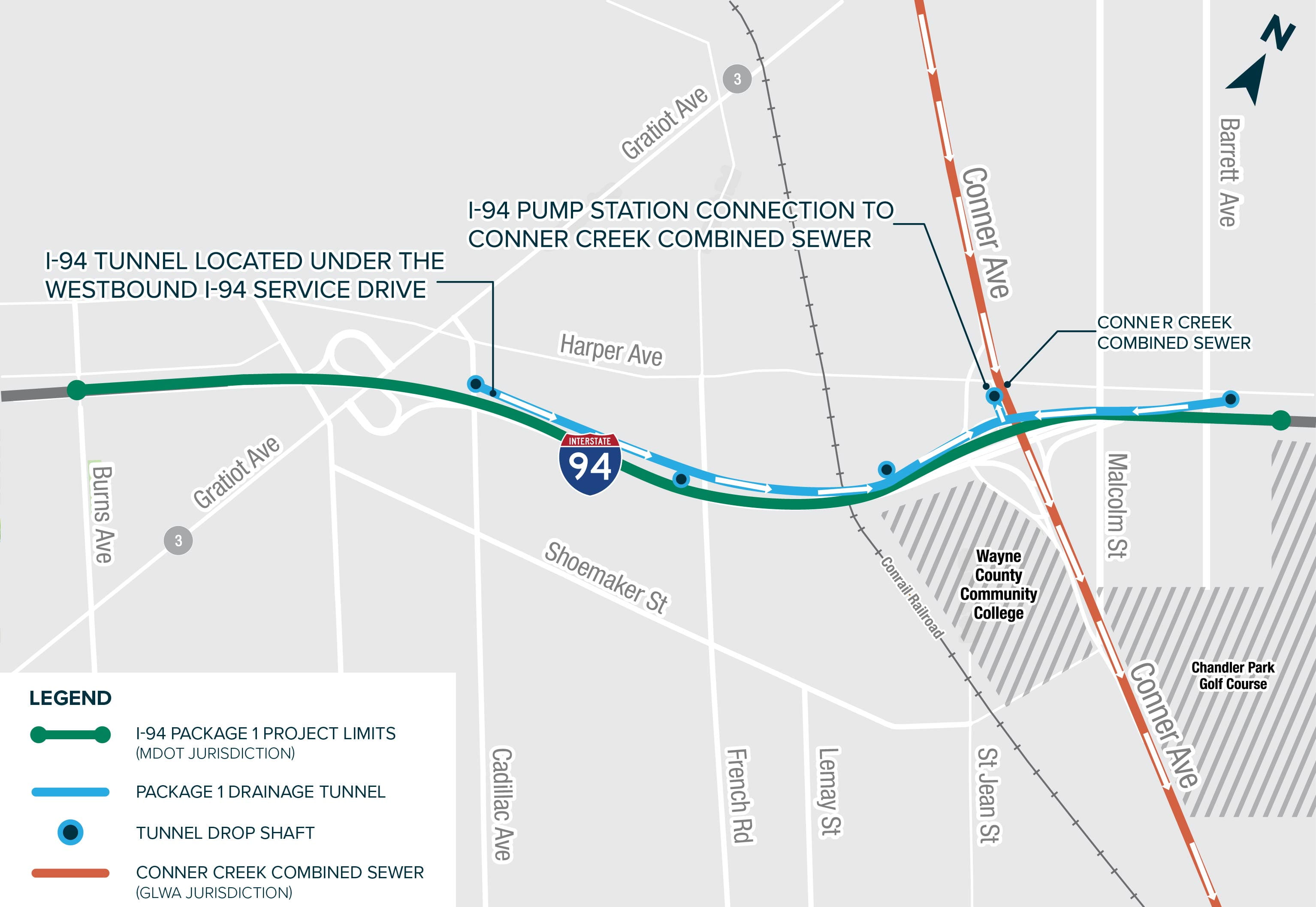 A map of I-94 showing the project limits and different routes. 