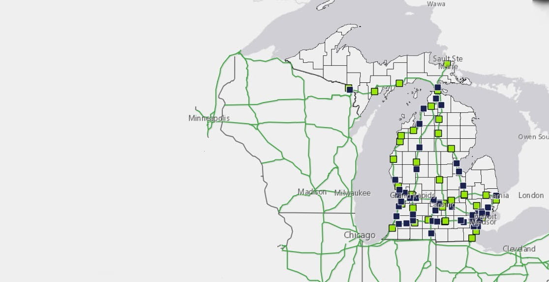 A map of Michigan's NEVI projects showing the gap locations.