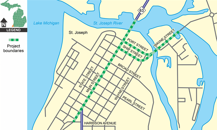 A map showing the project boundaries for the St. Joseph/M-63/I-94 BL project.