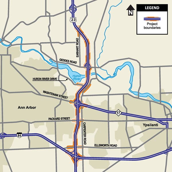 A map showing the project boundaries for the US-23 work near Ann Arbor.