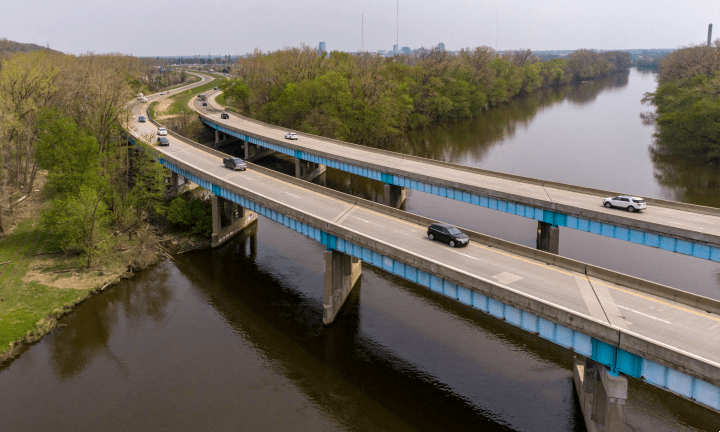 I-196 bridges over the Grand River and Market Avenue in Grand Rapids.