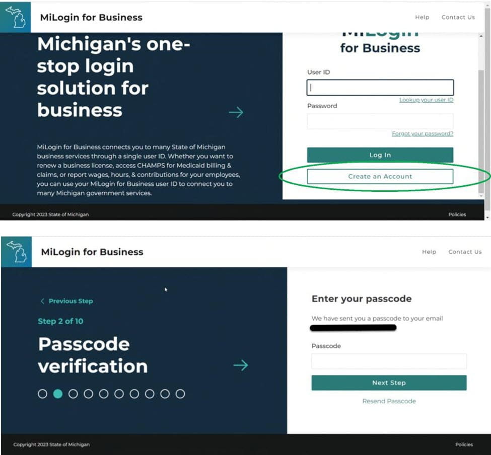 MiLogin for Business screen showing the create an account button and then the passcode verification screen.