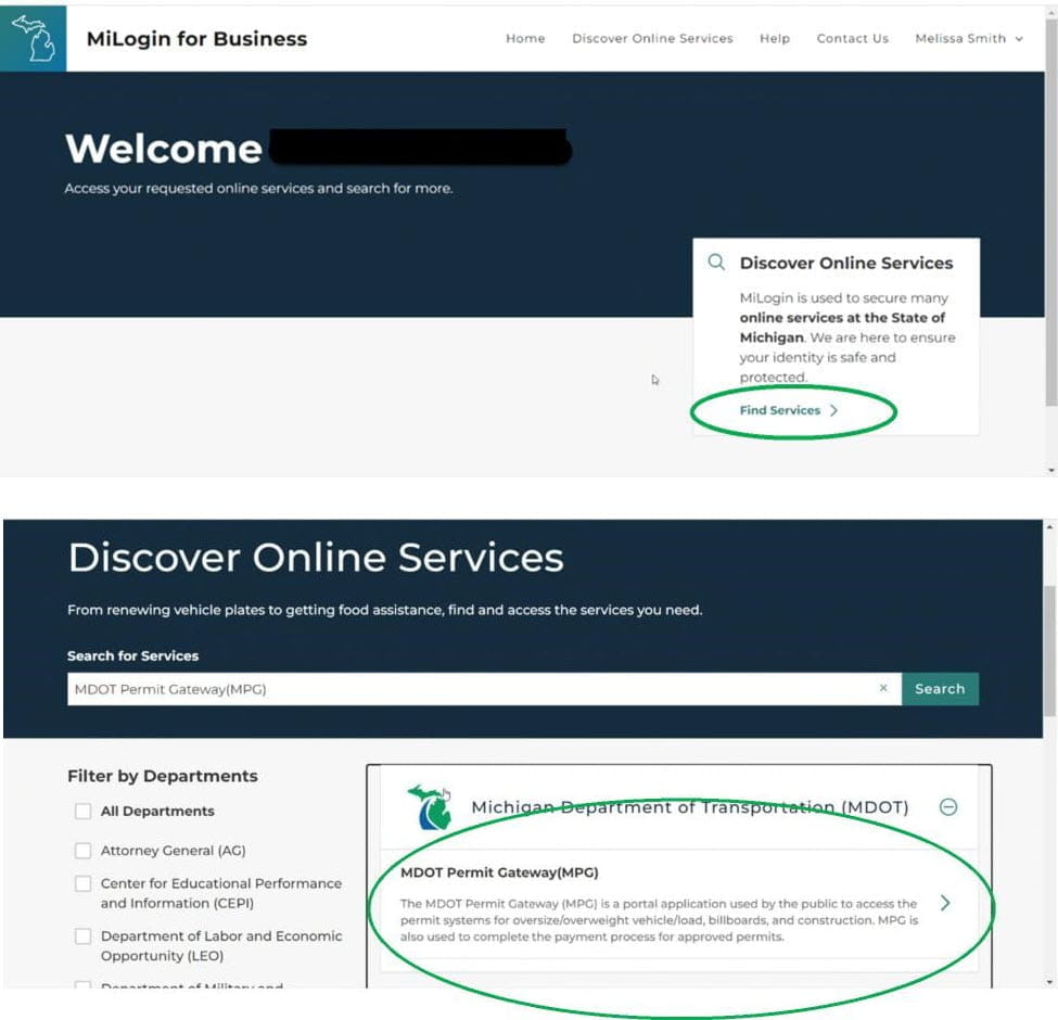 MiLogin for Business showing the find services and MDOT Permit Gateway (MPG) screens.