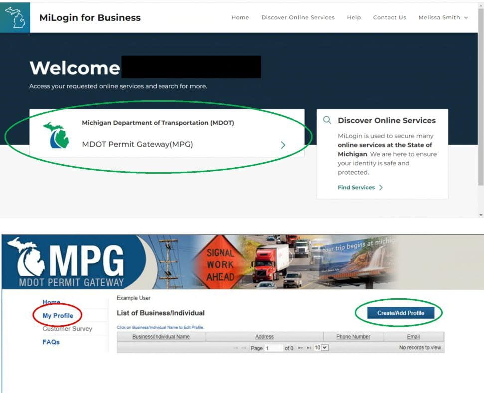The MILogin for Business screen with the MDOT Permit Gateway (MPG) selection and the MPG screen showing the My Profile in the left navigation.