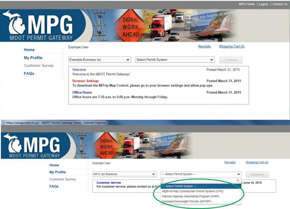 MPG welcome screen with the select permit system highlighted.