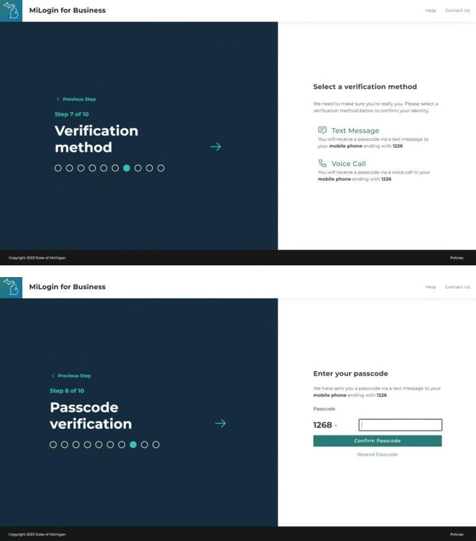 MiLogin for Business showing verification method and passcode verification screens.