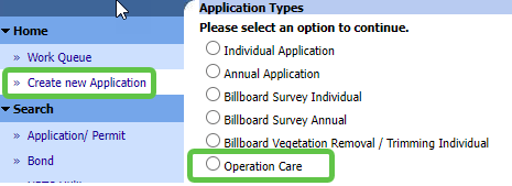 The MiLogin screen showing the left navigation to "Create a new application" and then the Operation CARE radio button.