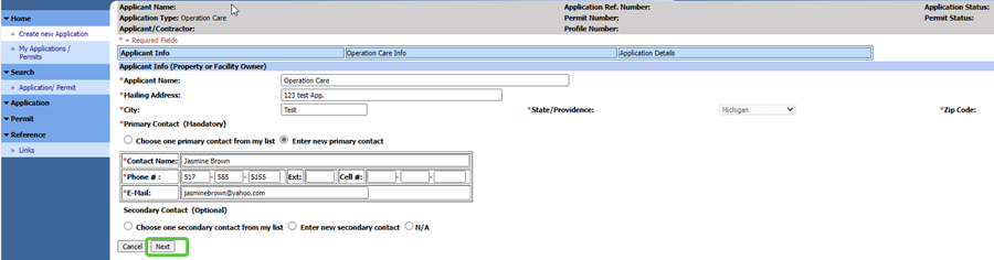 MiLogin screen showing the new application fields and Next button.